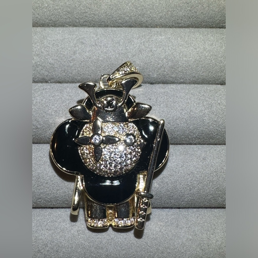 14K Gold Samurai Flower Doll Micro Pavé Iced Out Bling Drip Hip Hop Necklace - Picture 9 of 9